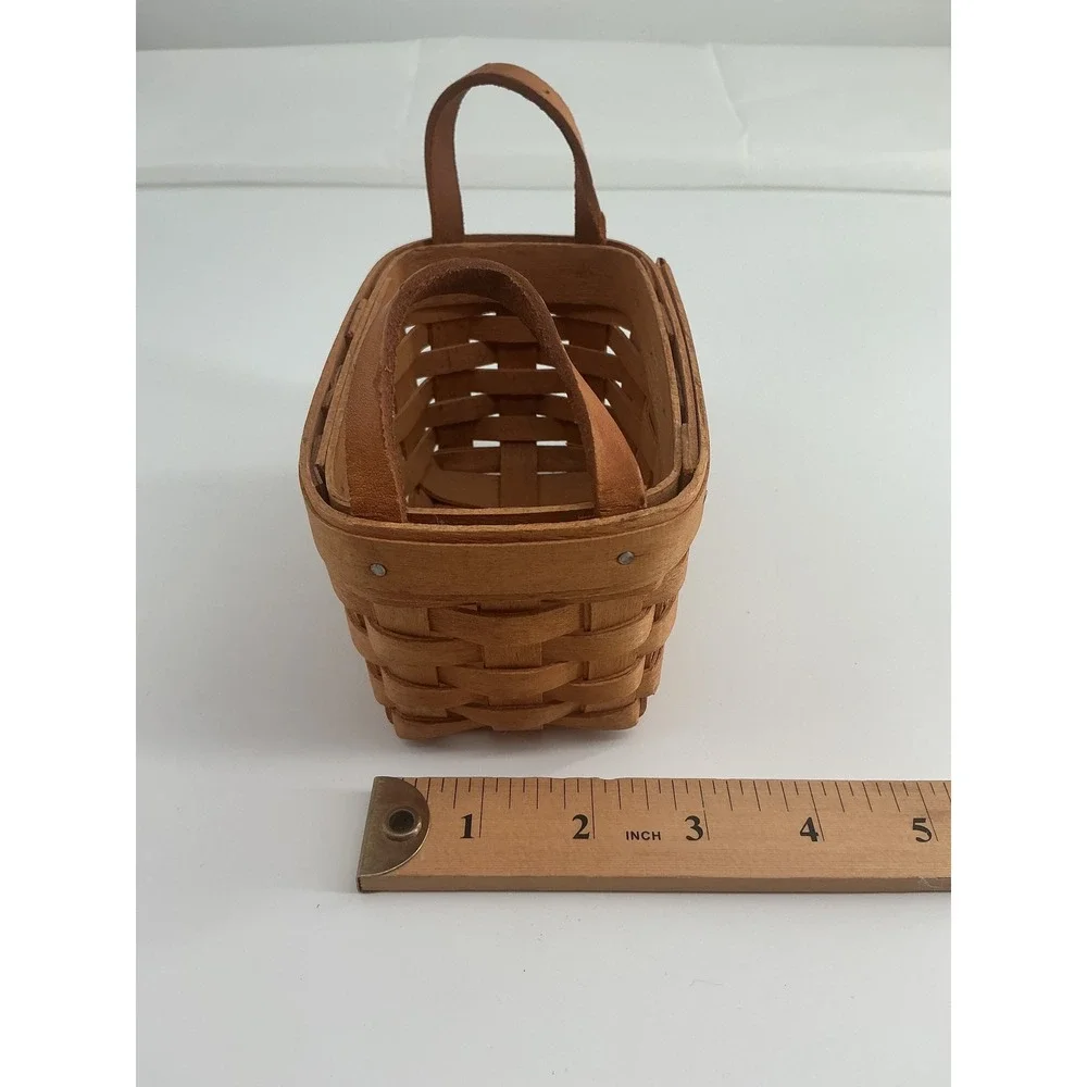 Longaberger 1990 Miniature Handwoven Basket with Leather Handles Natural Wood